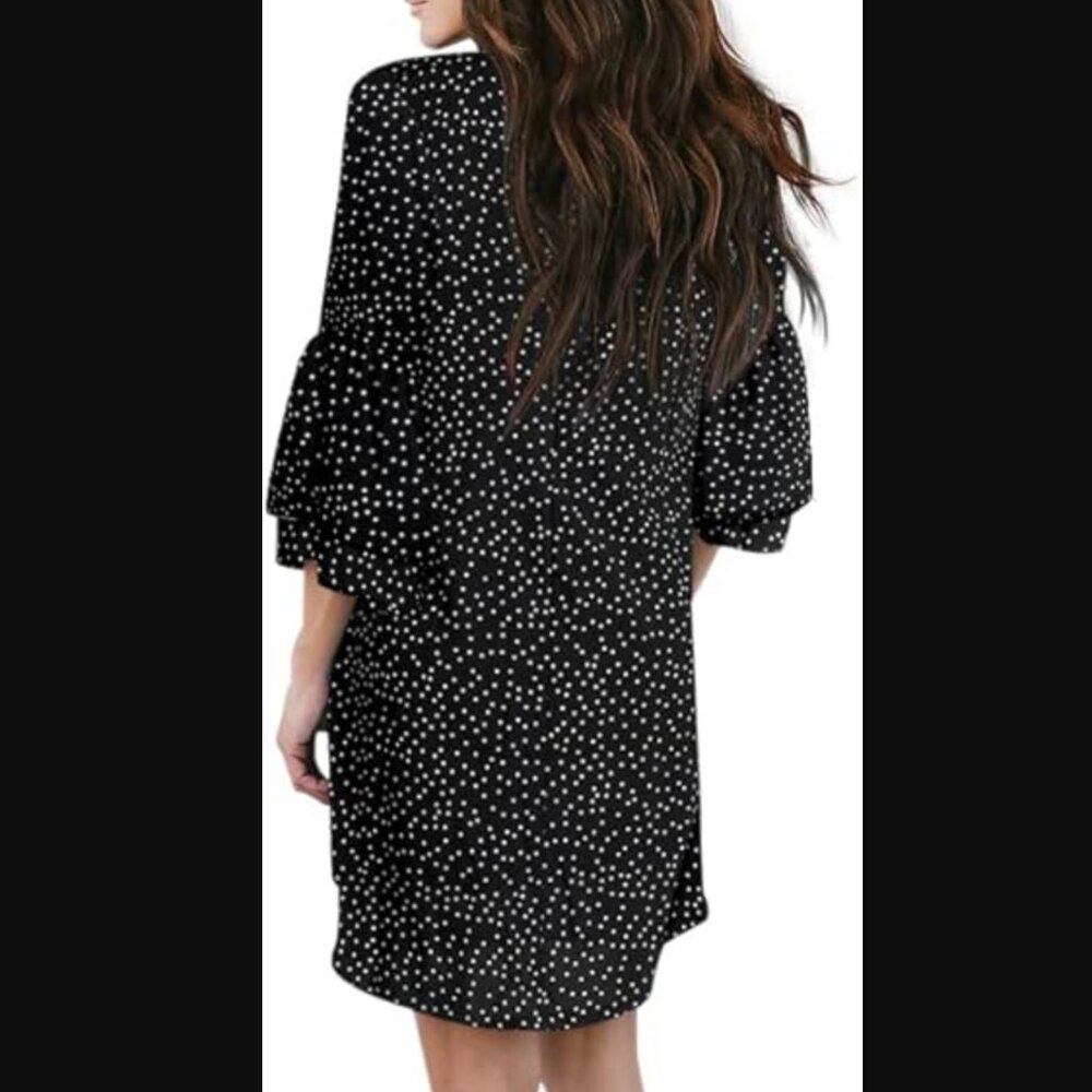 (L) NWT V-Neck, 3/4 Bell Sleeve, B&W Polka-dot, Mini Shift Dress - Picture 2 of 3